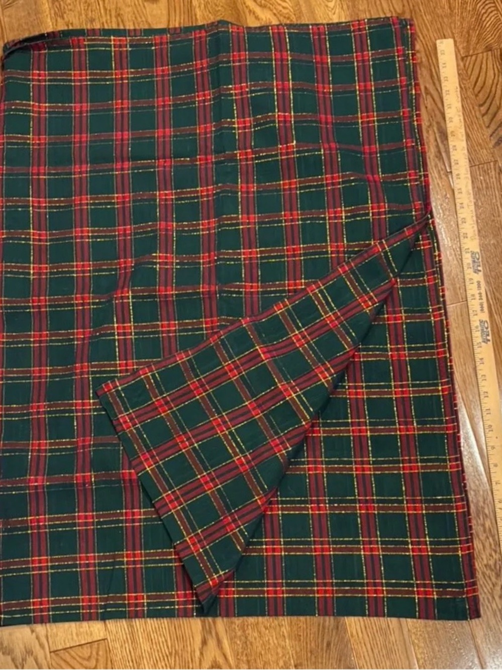 Woven Green Red and Metallic Gold Plaid Tablecloth